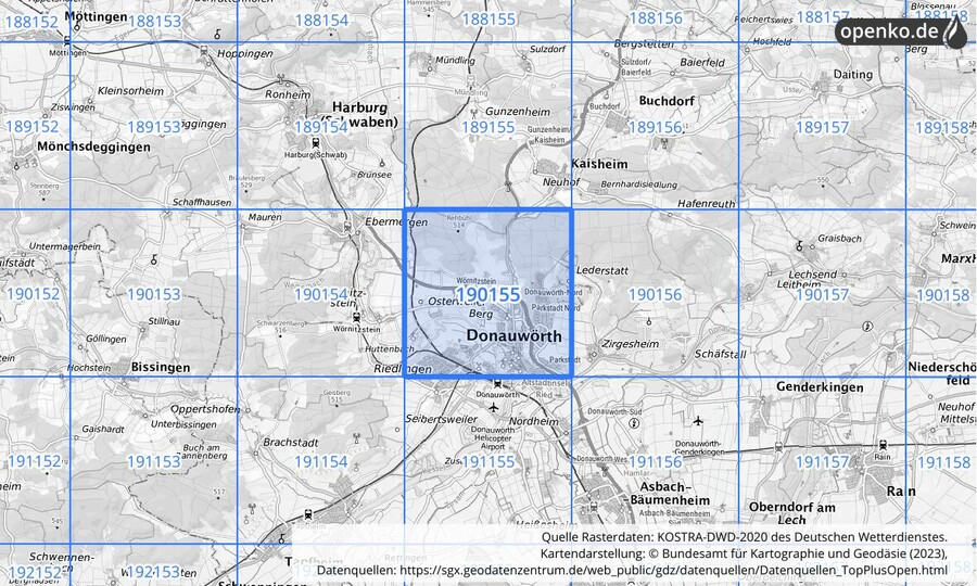 Übersichtskarte des KOSTRA-DWD-2020-Rasterfeldes Nr. 190155