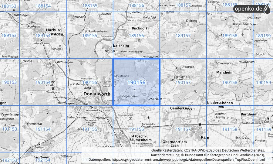 Übersichtskarte des KOSTRA-DWD-2020-Rasterfeldes Nr. 190156