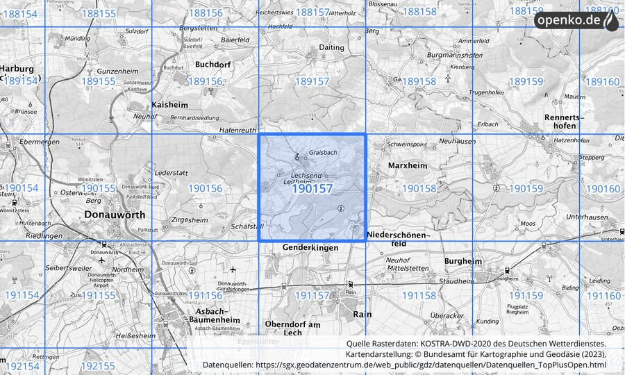 Übersichtskarte des KOSTRA-DWD-2020-Rasterfeldes Nr. 190157