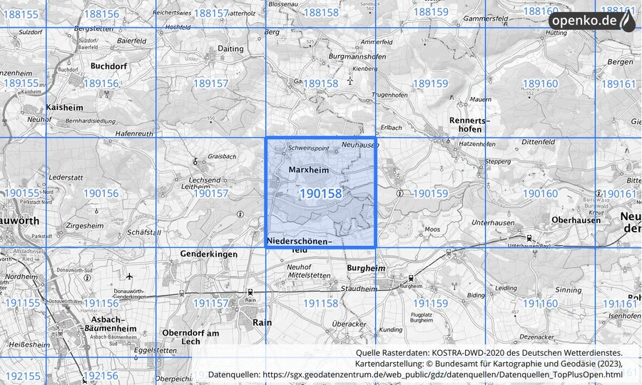 Übersichtskarte des KOSTRA-DWD-2020-Rasterfeldes Nr. 190158