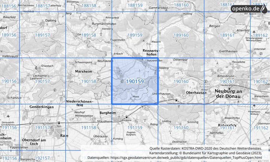 Übersichtskarte des KOSTRA-DWD-2020-Rasterfeldes Nr. 190159