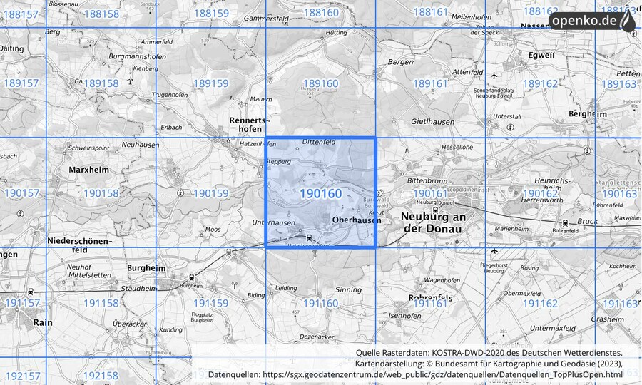 Übersichtskarte des KOSTRA-DWD-2020-Rasterfeldes Nr. 190160