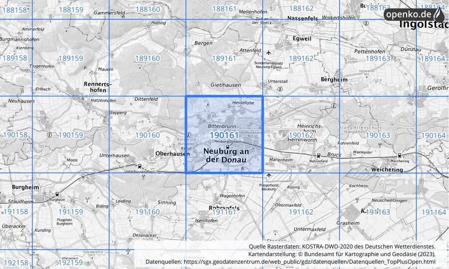 Übersichtskarte des KOSTRA-DWD-2020-Rasterfeldes Nr. 190161