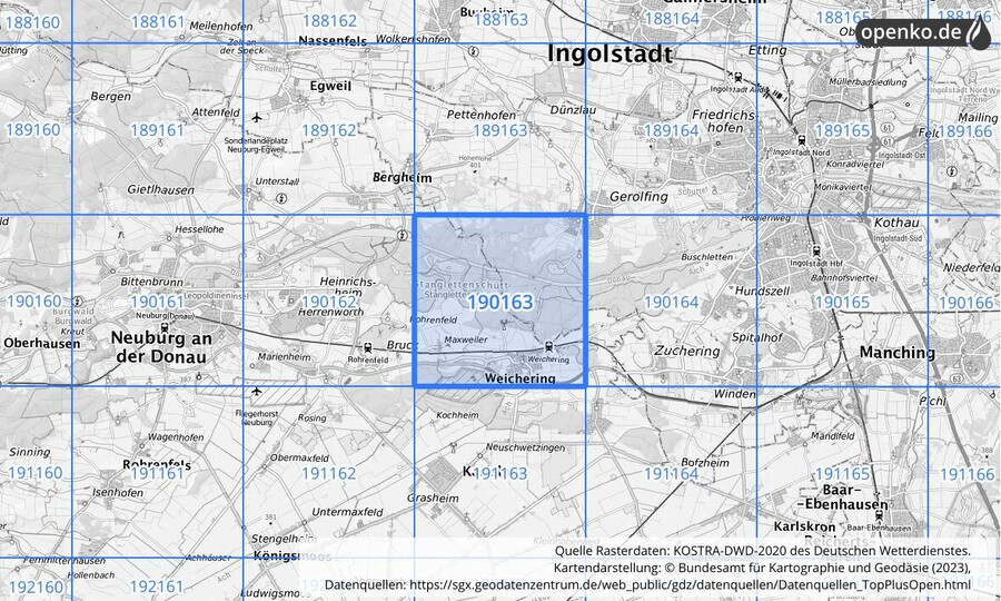 Übersichtskarte des KOSTRA-DWD-2020-Rasterfeldes Nr. 190163