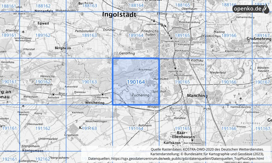 Übersichtskarte des KOSTRA-DWD-2020-Rasterfeldes Nr. 190164