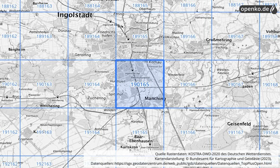 Übersichtskarte des KOSTRA-DWD-2020-Rasterfeldes Nr. 190165