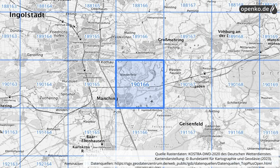 Übersichtskarte des KOSTRA-DWD-2020-Rasterfeldes Nr. 190166