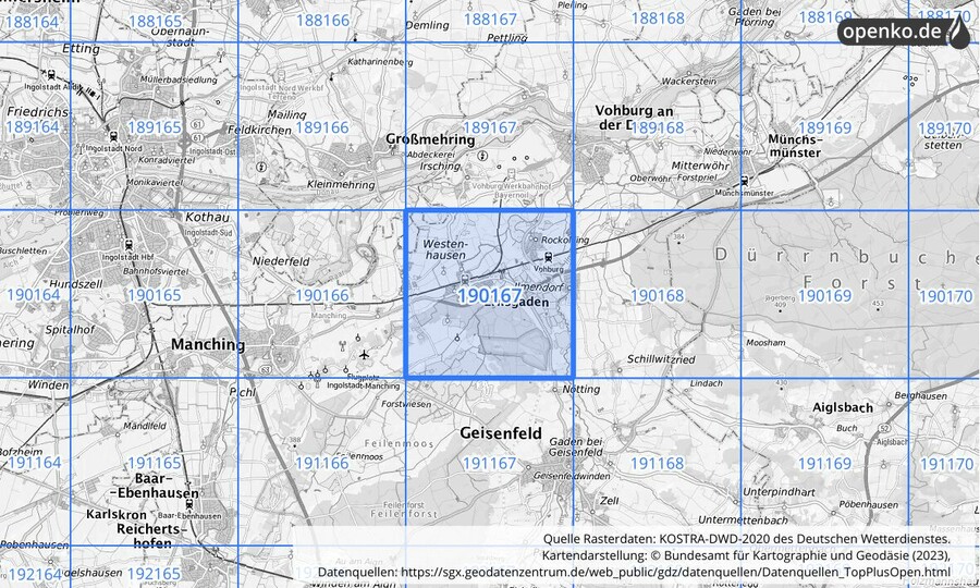 Übersichtskarte des KOSTRA-DWD-2020-Rasterfeldes Nr. 190167