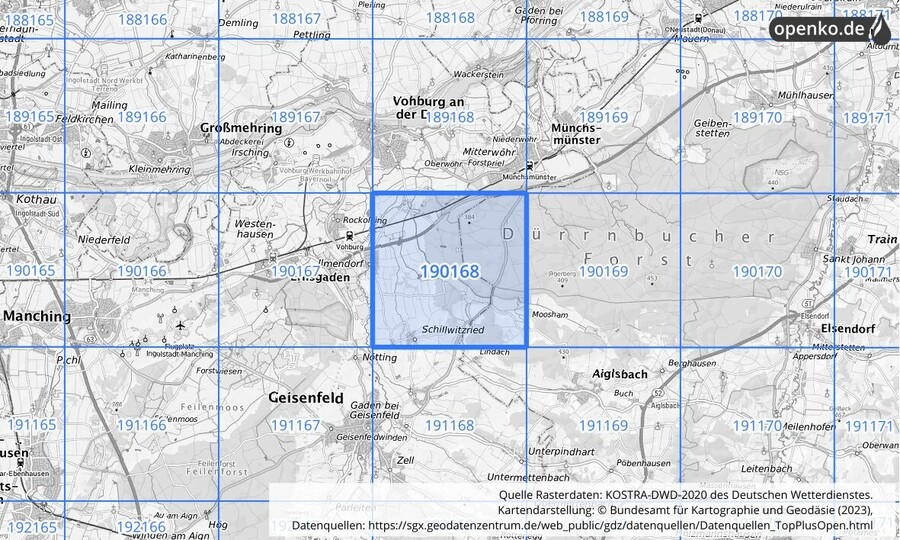 Übersichtskarte des KOSTRA-DWD-2020-Rasterfeldes Nr. 190168