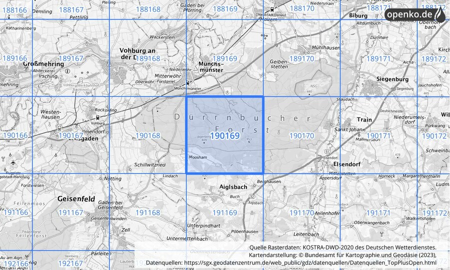 Übersichtskarte des KOSTRA-DWD-2020-Rasterfeldes Nr. 190169