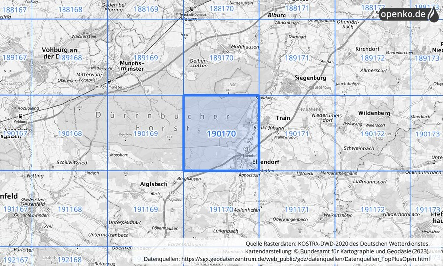 Übersichtskarte des KOSTRA-DWD-2020-Rasterfeldes Nr. 190170