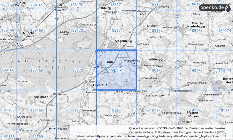 Übersichtskarte des KOSTRA-DWD-2020-Rasterfeldes Nr. 190171