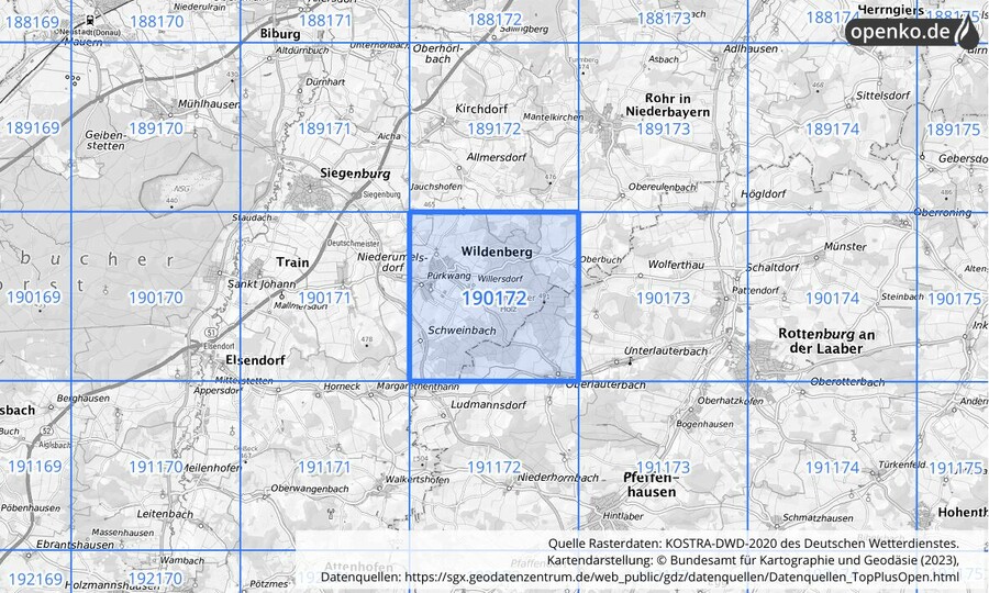 Übersichtskarte des KOSTRA-DWD-2020-Rasterfeldes Nr. 190172