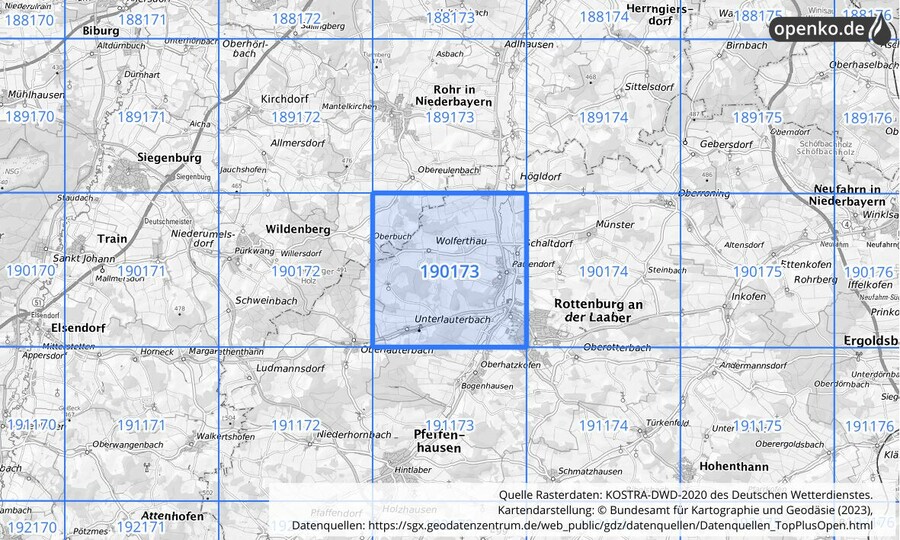 Übersichtskarte des KOSTRA-DWD-2020-Rasterfeldes Nr. 190173