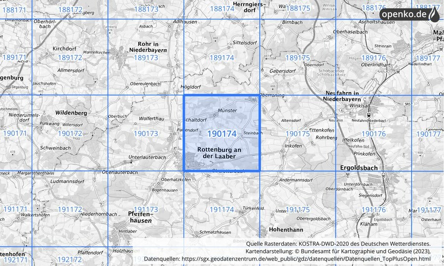 Übersichtskarte des KOSTRA-DWD-2020-Rasterfeldes Nr. 190174