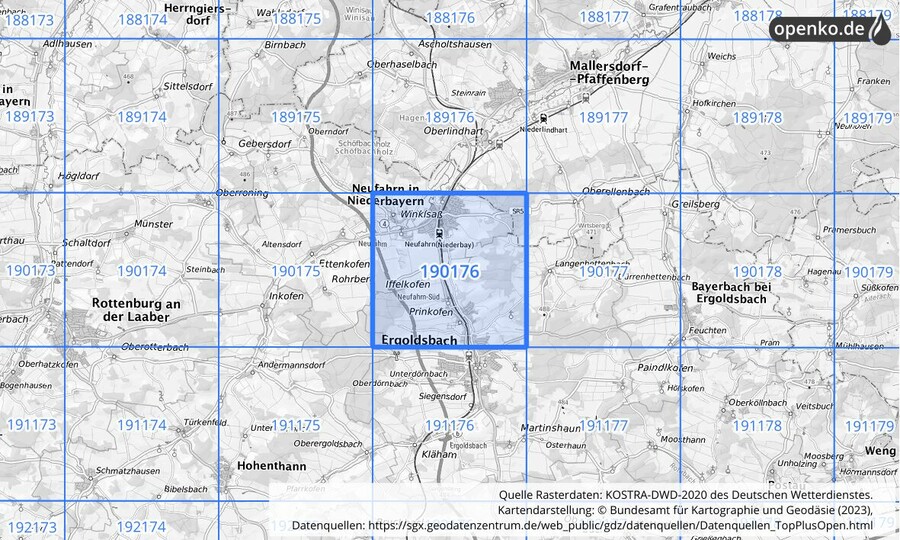 Übersichtskarte des KOSTRA-DWD-2020-Rasterfeldes Nr. 190176