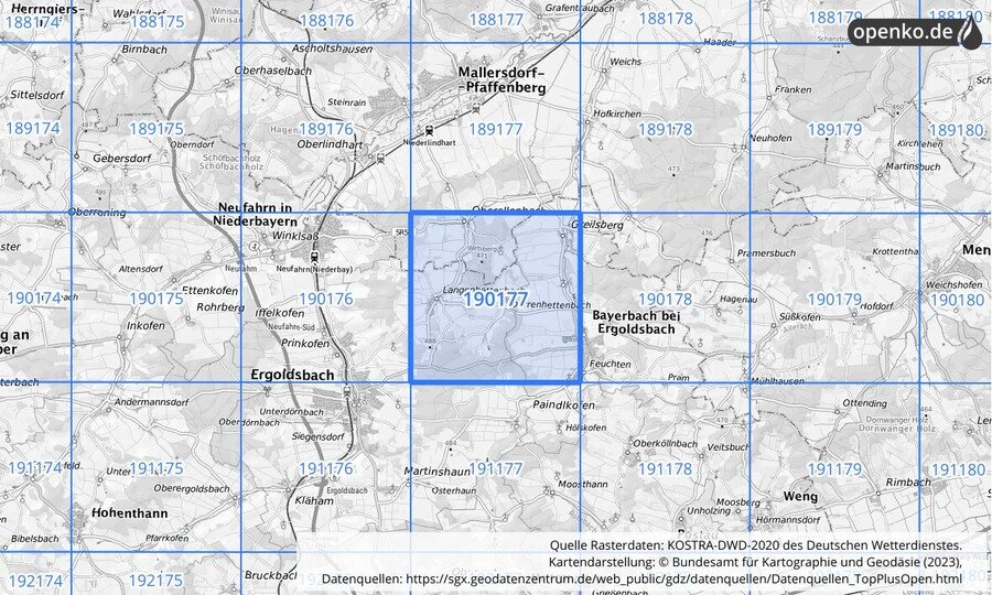 Übersichtskarte des KOSTRA-DWD-2020-Rasterfeldes Nr. 190177