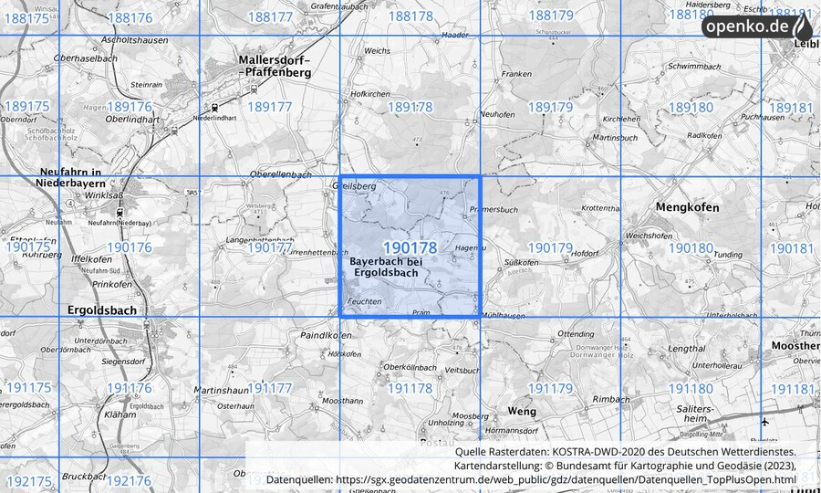 Übersichtskarte des KOSTRA-DWD-2020-Rasterfeldes Nr. 190178