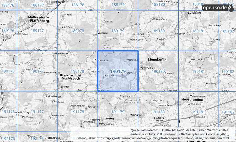 Übersichtskarte des KOSTRA-DWD-2020-Rasterfeldes Nr. 190179