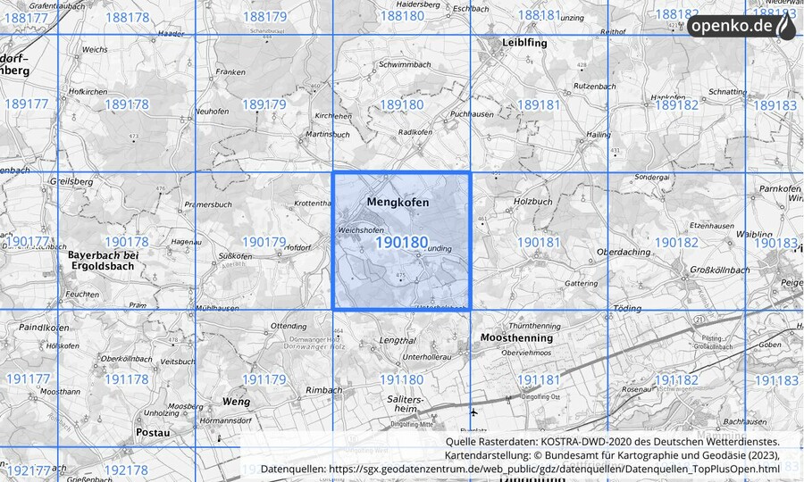 Übersichtskarte des KOSTRA-DWD-2020-Rasterfeldes Nr. 190180