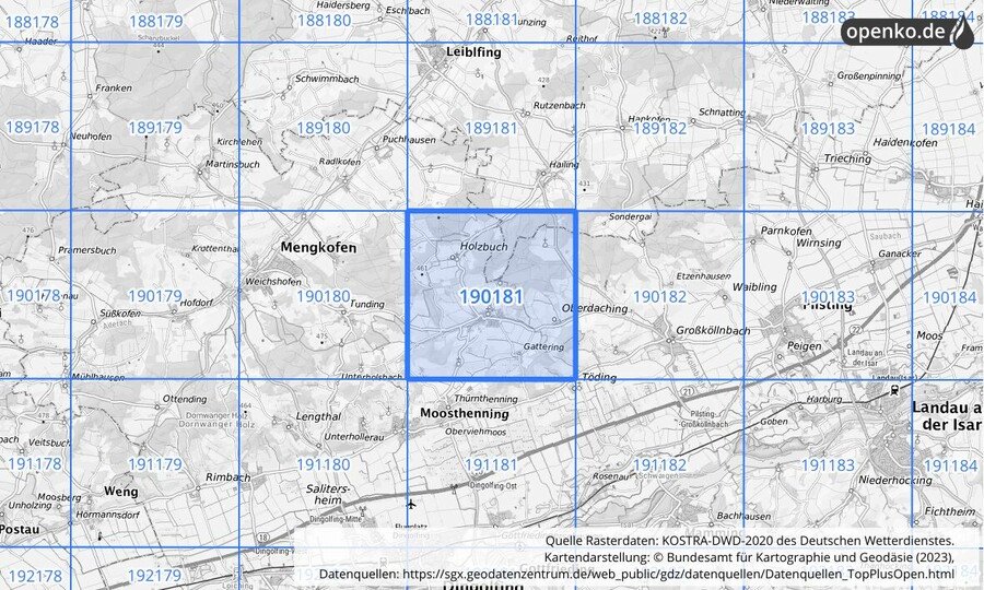 Übersichtskarte des KOSTRA-DWD-2020-Rasterfeldes Nr. 190181