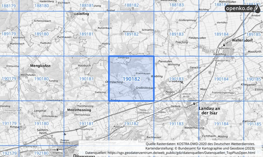 Übersichtskarte des KOSTRA-DWD-2020-Rasterfeldes Nr. 190182