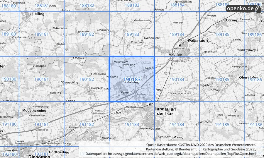Übersichtskarte des KOSTRA-DWD-2020-Rasterfeldes Nr. 190183