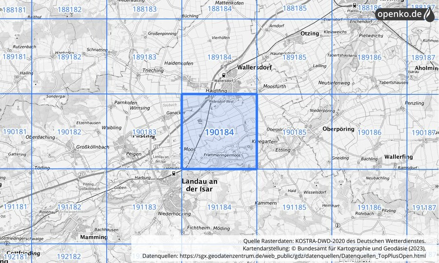 Übersichtskarte des KOSTRA-DWD-2020-Rasterfeldes Nr. 190184