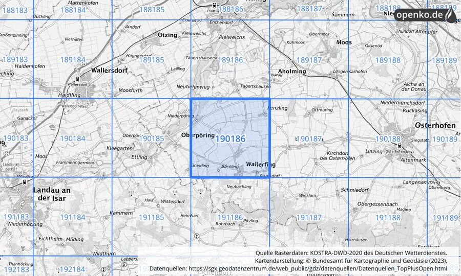 Übersichtskarte des KOSTRA-DWD-2020-Rasterfeldes Nr. 190186