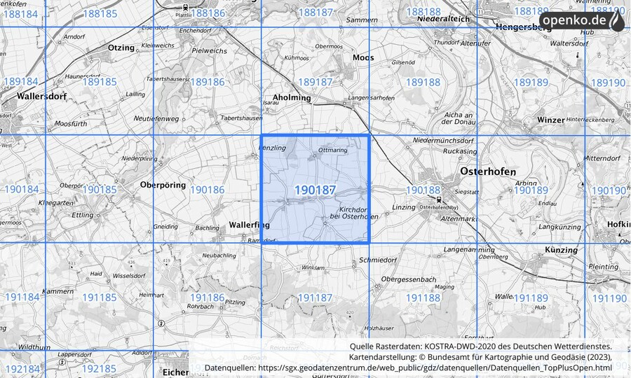 Übersichtskarte des KOSTRA-DWD-2020-Rasterfeldes Nr. 190187