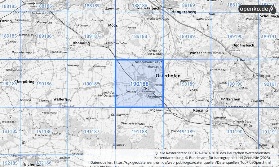 Übersichtskarte des KOSTRA-DWD-2020-Rasterfeldes Nr. 190188