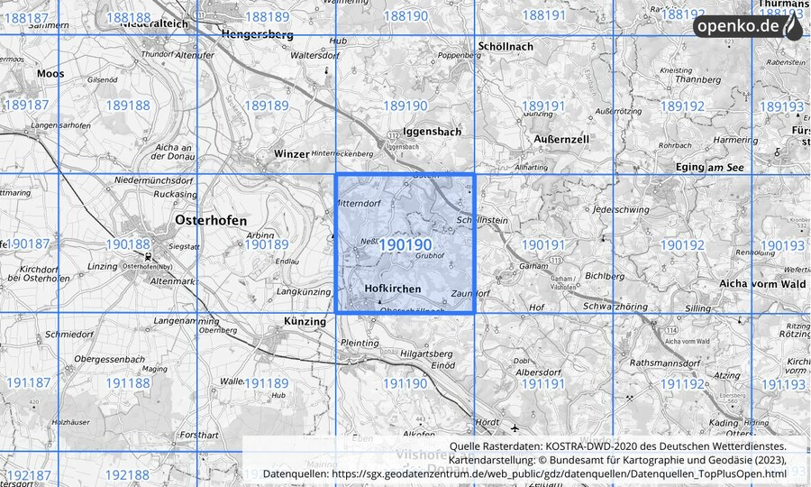 Übersichtskarte des KOSTRA-DWD-2020-Rasterfeldes Nr. 190190