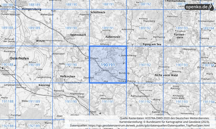 Übersichtskarte des KOSTRA-DWD-2020-Rasterfeldes Nr. 190191