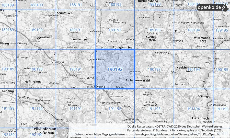 Übersichtskarte des KOSTRA-DWD-2020-Rasterfeldes Nr. 190192