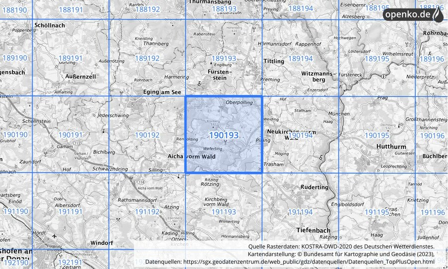 Übersichtskarte des KOSTRA-DWD-2020-Rasterfeldes Nr. 190193