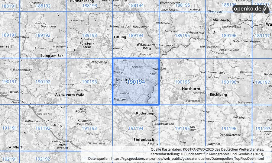 Übersichtskarte des KOSTRA-DWD-2020-Rasterfeldes Nr. 190194