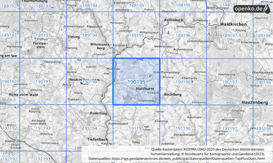 Übersichtskarte des KOSTRA-DWD-2020-Rasterfeldes Nr. 190195