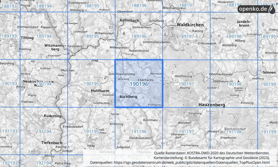 Übersichtskarte des KOSTRA-DWD-2020-Rasterfeldes Nr. 190196