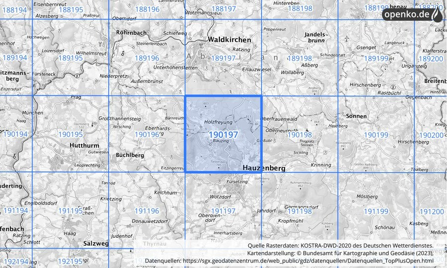 Übersichtskarte des KOSTRA-DWD-2020-Rasterfeldes Nr. 190197