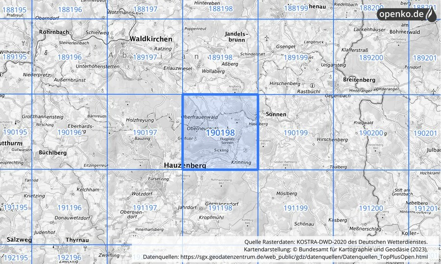 Übersichtskarte des KOSTRA-DWD-2020-Rasterfeldes Nr. 190198