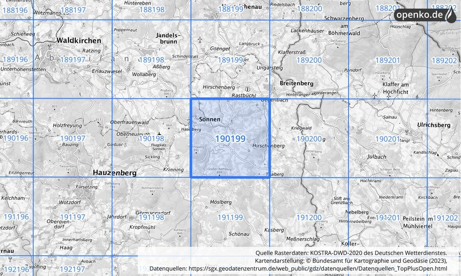 Übersichtskarte des KOSTRA-DWD-2020-Rasterfeldes Nr. 190199