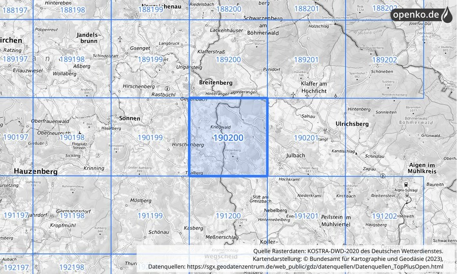 Übersichtskarte des KOSTRA-DWD-2020-Rasterfeldes Nr. 190200