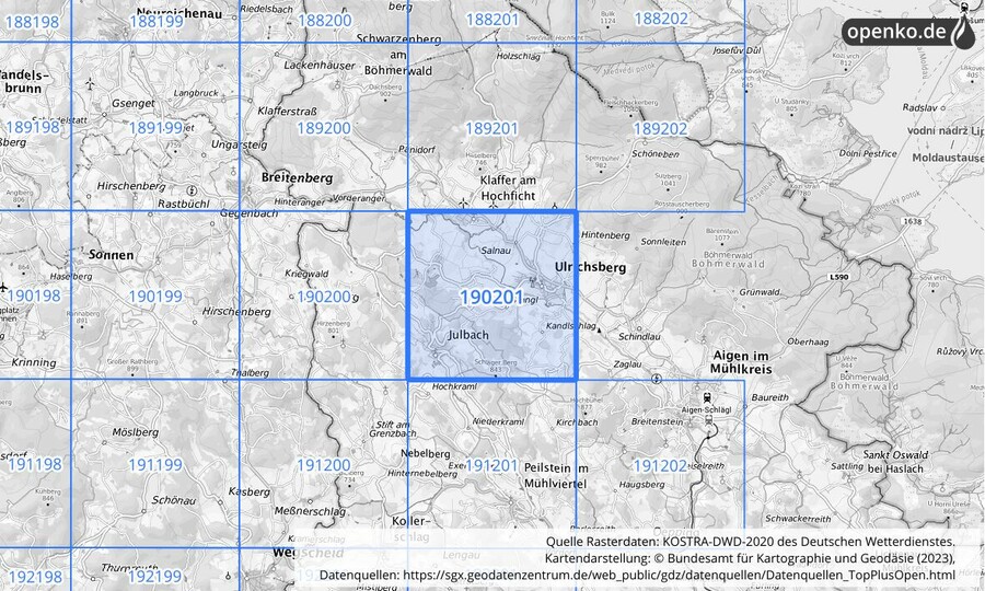 Übersichtskarte des KOSTRA-DWD-2020-Rasterfeldes Nr. 190201