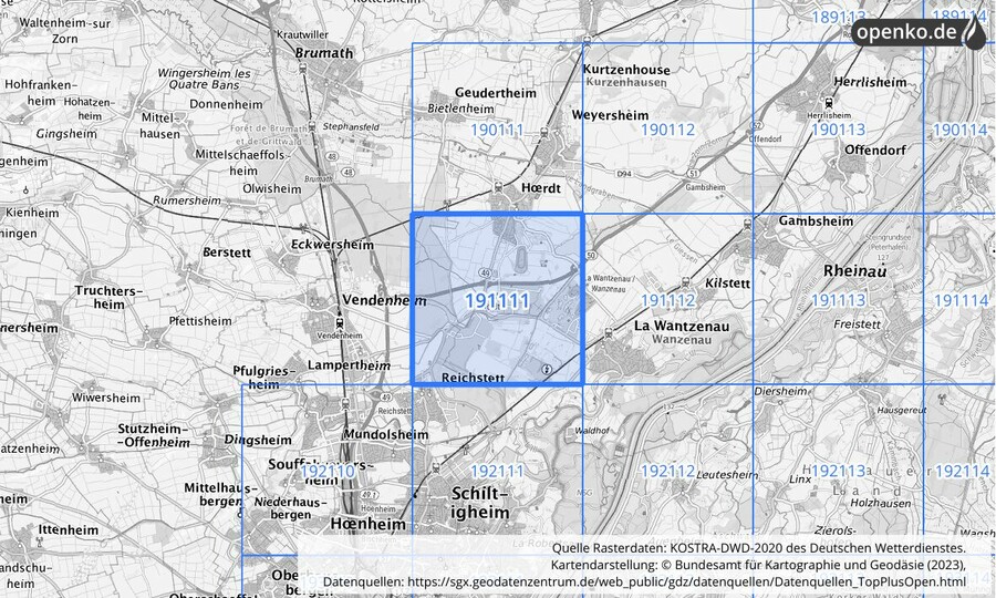 Übersichtskarte des KOSTRA-DWD-2020-Rasterfeldes Nr. 191111