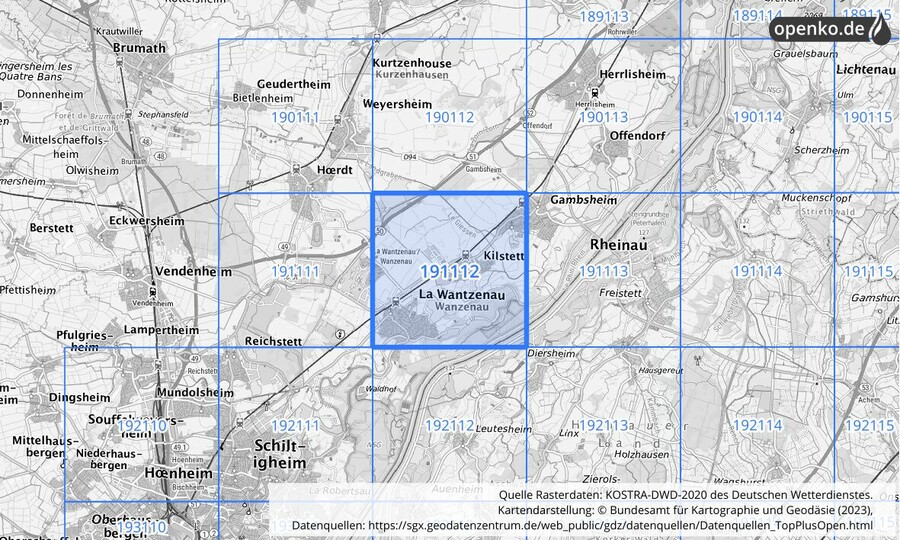 Übersichtskarte des KOSTRA-DWD-2020-Rasterfeldes Nr. 191112