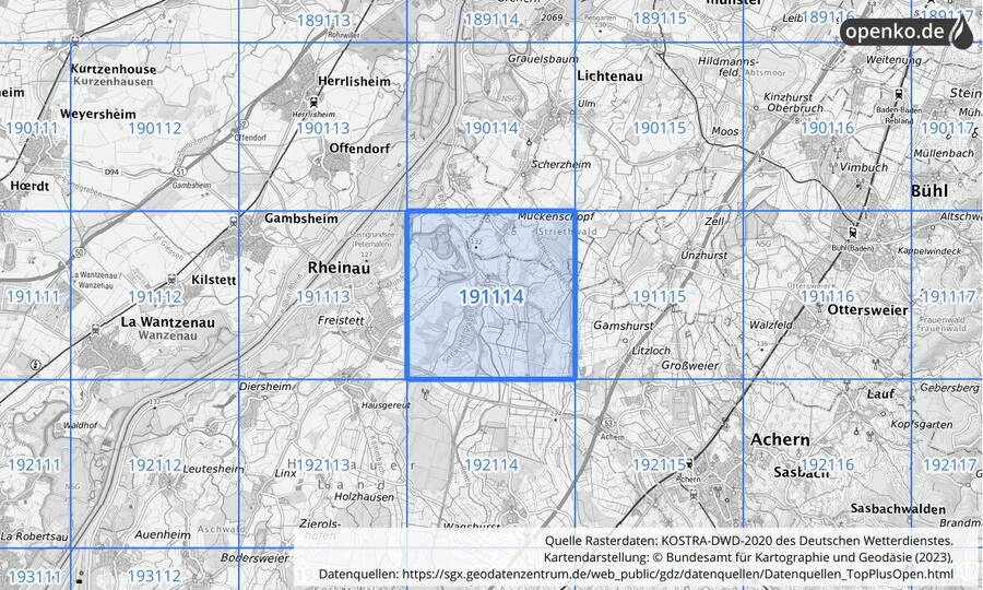 Übersichtskarte des KOSTRA-DWD-2020-Rasterfeldes Nr. 191114