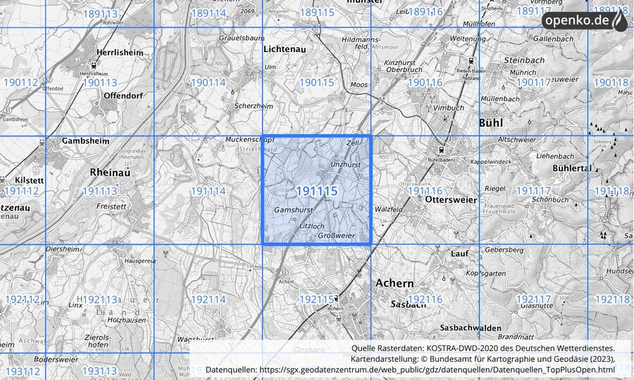 Übersichtskarte des KOSTRA-DWD-2020-Rasterfeldes Nr. 191115