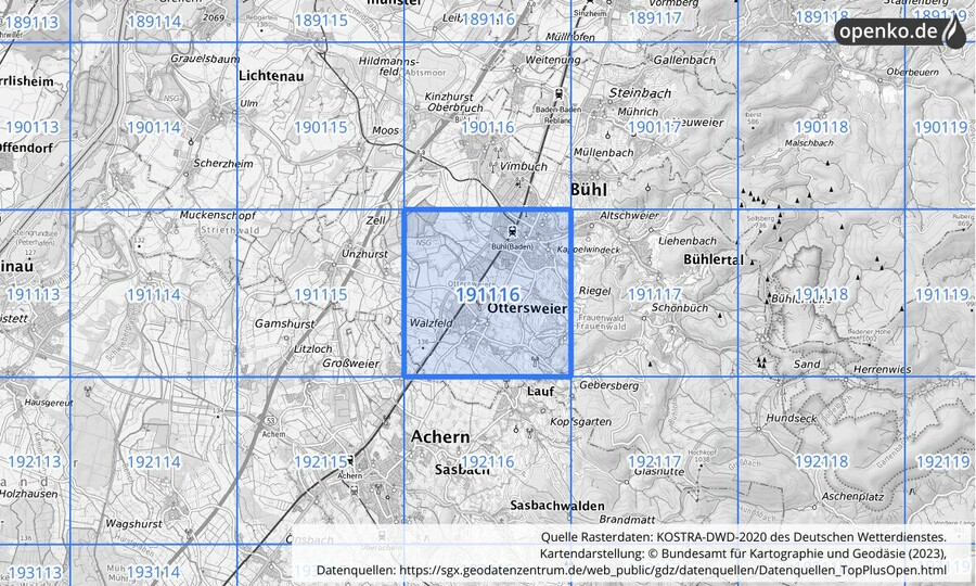 Übersichtskarte des KOSTRA-DWD-2020-Rasterfeldes Nr. 191116