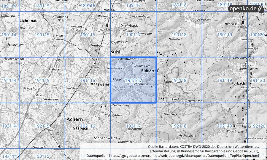 Übersichtskarte des KOSTRA-DWD-2020-Rasterfeldes Nr. 191117