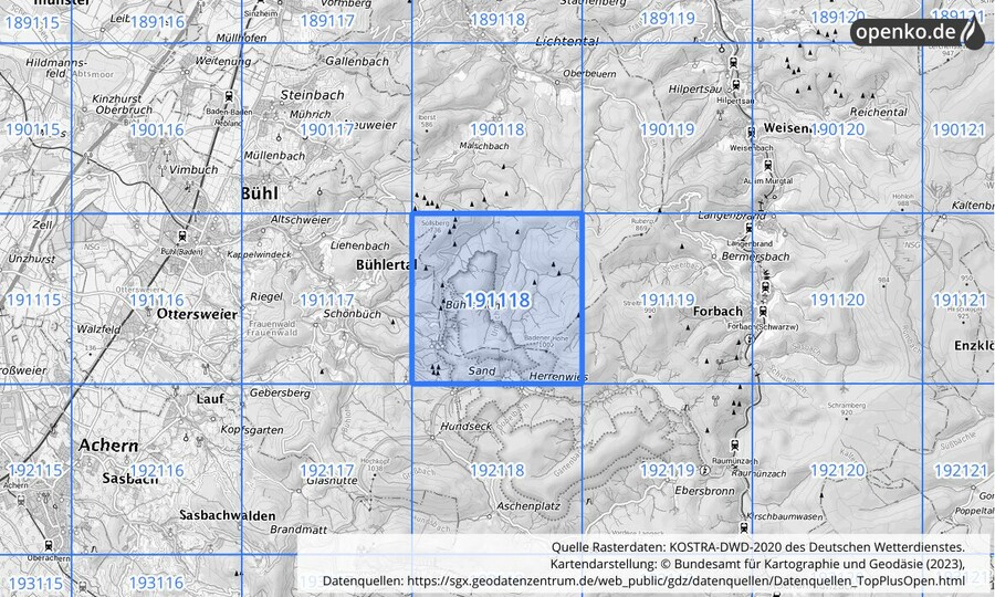 Übersichtskarte des KOSTRA-DWD-2020-Rasterfeldes Nr. 191118